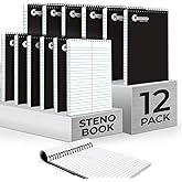 Rosmonde 12 Pack Spiral Steno Pads, 6 x 9, Gregg Rule, Black Steno Pad, Long Lasting - 80 Sheets (160 Pages), Top Spiral Notebook, Bulk Steno Notebook for Business, Top Spiral Steno Book for Office