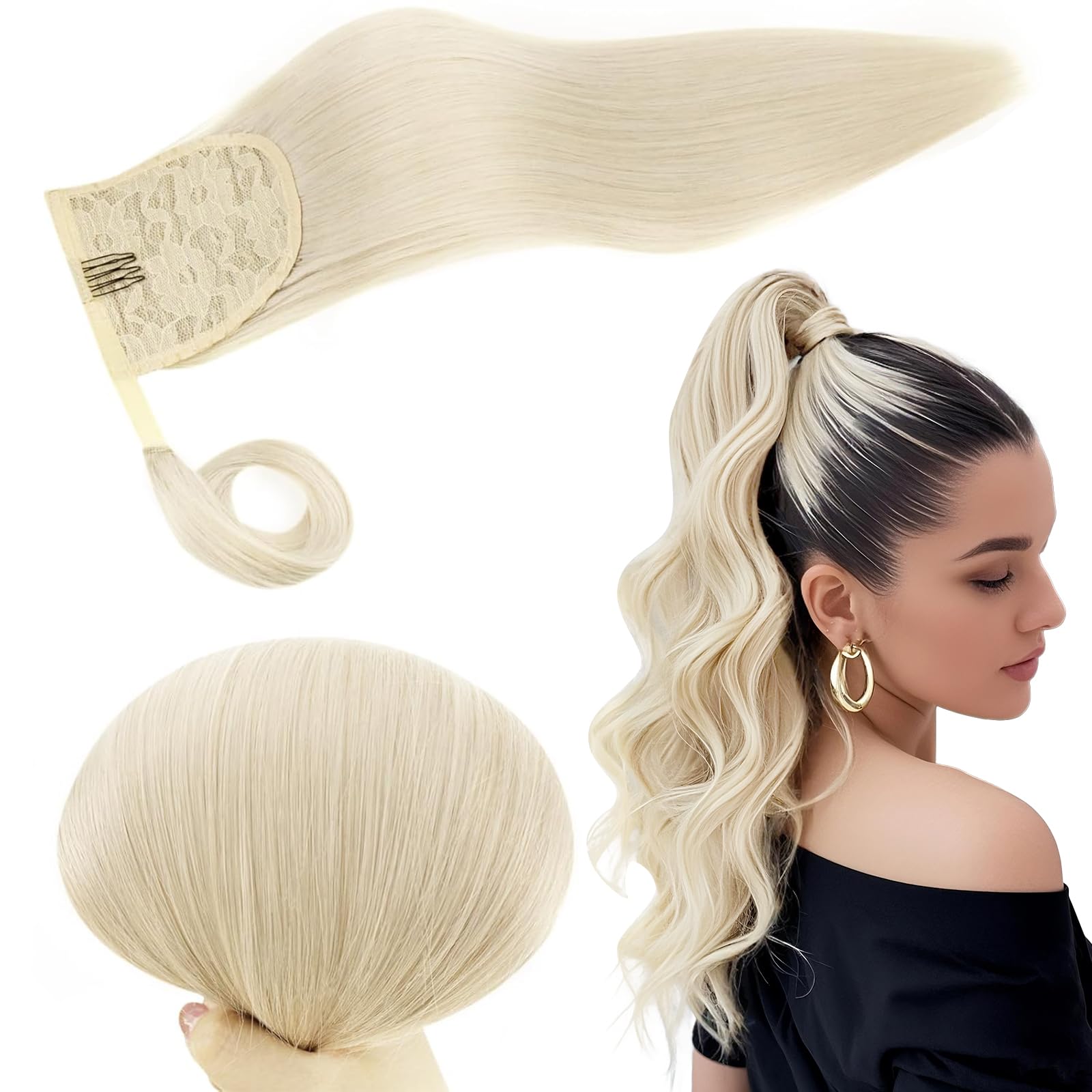 RUNATURE Blonde Ponytail Extension - Human Hair White Blonde Ponytail - Real Hair 18 Inch 80 Gram Straight