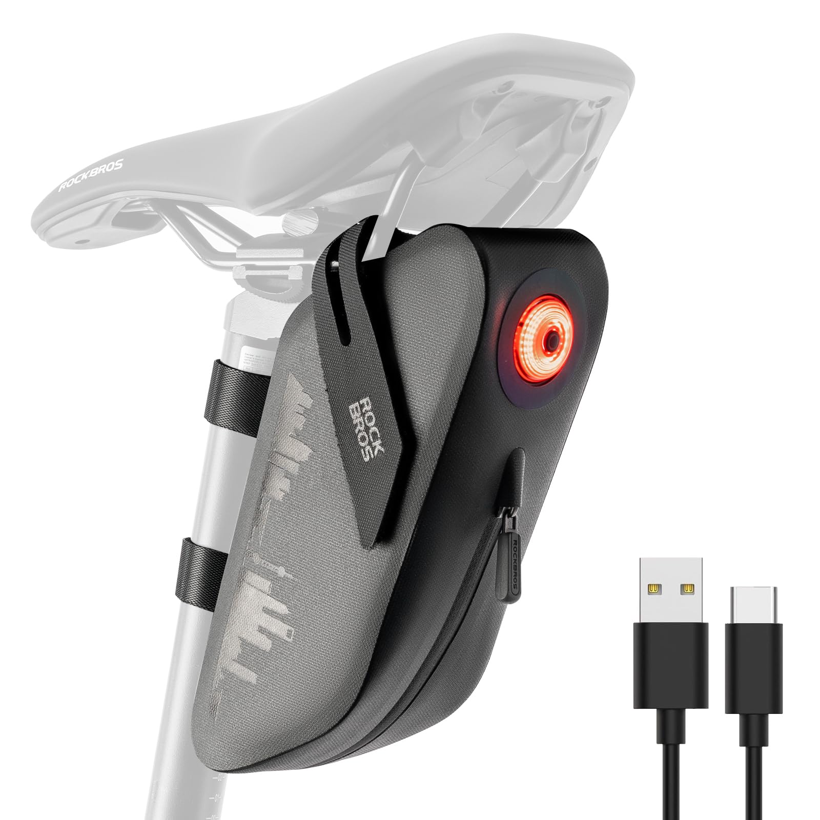 Photo 1 of ** MISSING LIGHT ** ROCKBROS Bike Saddle Bag with Smart Tail Light,0.8L Waterproof & Resistant Bike Bag Under Seat,Reflective Bike Seat Bag and 3 Magic Straps for Road & Mountain Bikes