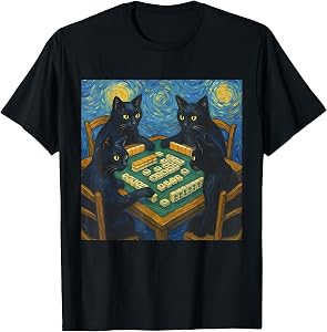 Van Gogh Starry Night Cat Playing Mahjong Chinese Tile Game T-Shirt