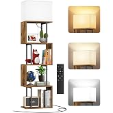 OUTONLIFE 5-Tier Floor Lamp with Shelves &amp; Remote, Dimmable S-Shaped Bookshelf with 3 Color Temperature, 1-Hour Timer, Tall Corner Standing Lamp for Living Room, Bedroom, Office (Rustic Brown)