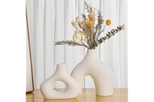 CEMABT White Ceramic Vase Set of 2 for Modern Minimalist Bohemian Decor，Round Matte Donut Vases for Pampas Grass-Perfect for Living Room, Dining Table, Office Bedroom Shelf Decor Entryway, Console