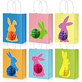 Blosssound 18 Sets Easter Gift Bags with Handles Bulk Bunny Birthday Color Treat Candy Goodie Snack Party Favor Bag with Honeycomb Ball for Easter Egg Hunt Gift Wrapping Party Supplies