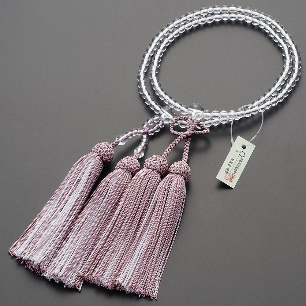 仏壇屋 滝田商店 数珠 浄土真宗 本式数珠 【女性用】本水晶 8寸 正絹頭付房(2色房)(灰桜色/白色)◆京念珠・本連数珠・二輪数珠・門徒・正式数珠【滝田商店発行 京念珠製造師製作証明書付】商品画像