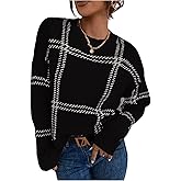 RoseSeek Women's Plaid Long Sleeve Sweaters Crew Neck Knit Pullover Tops Fall Jumper