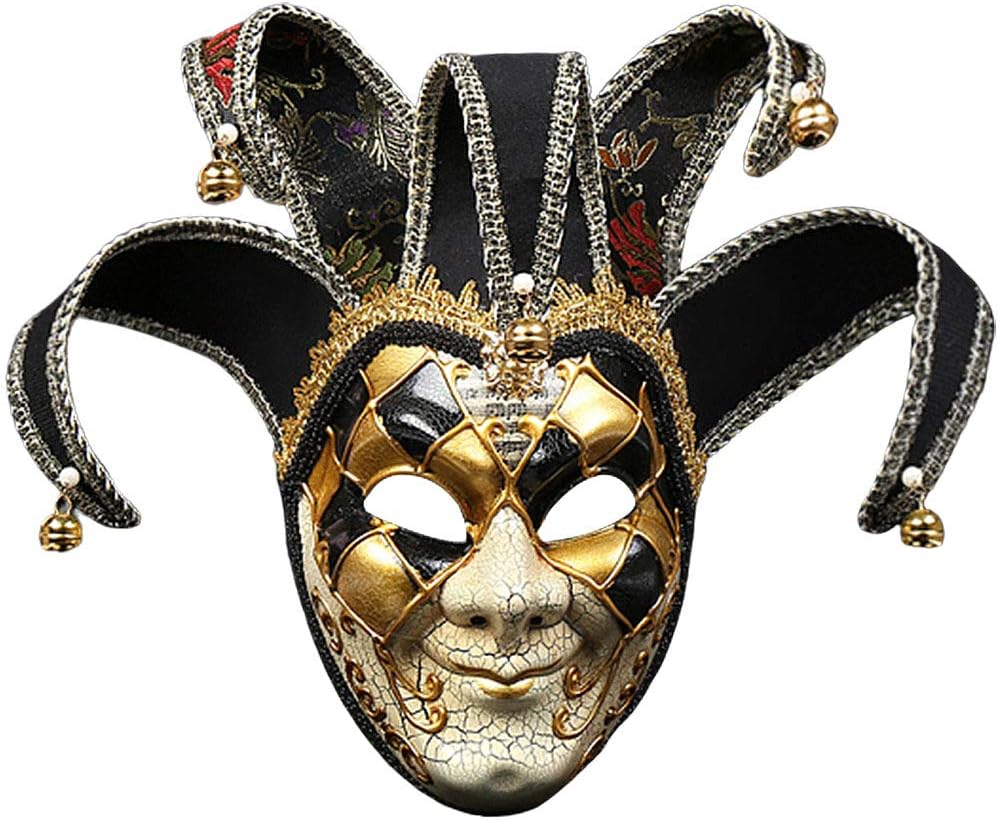 OxoxO Full Face Venetian Jester Mask Masquerade Mardi Gras Costume for Carnival/Halloween/Christmas/Home/Party Wall Decoration Supplies(Black)