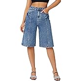 roswear Women's Baggy Jorts Long Bermuda Jean Shorts Wide Leg Stretchy High Waisted Denim Shorts