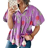 Cicy Bell Womens Boho Floral Blouses Short Puff Sleeve V Neck Babydoll Shirts Flowy Tie Front Tops
