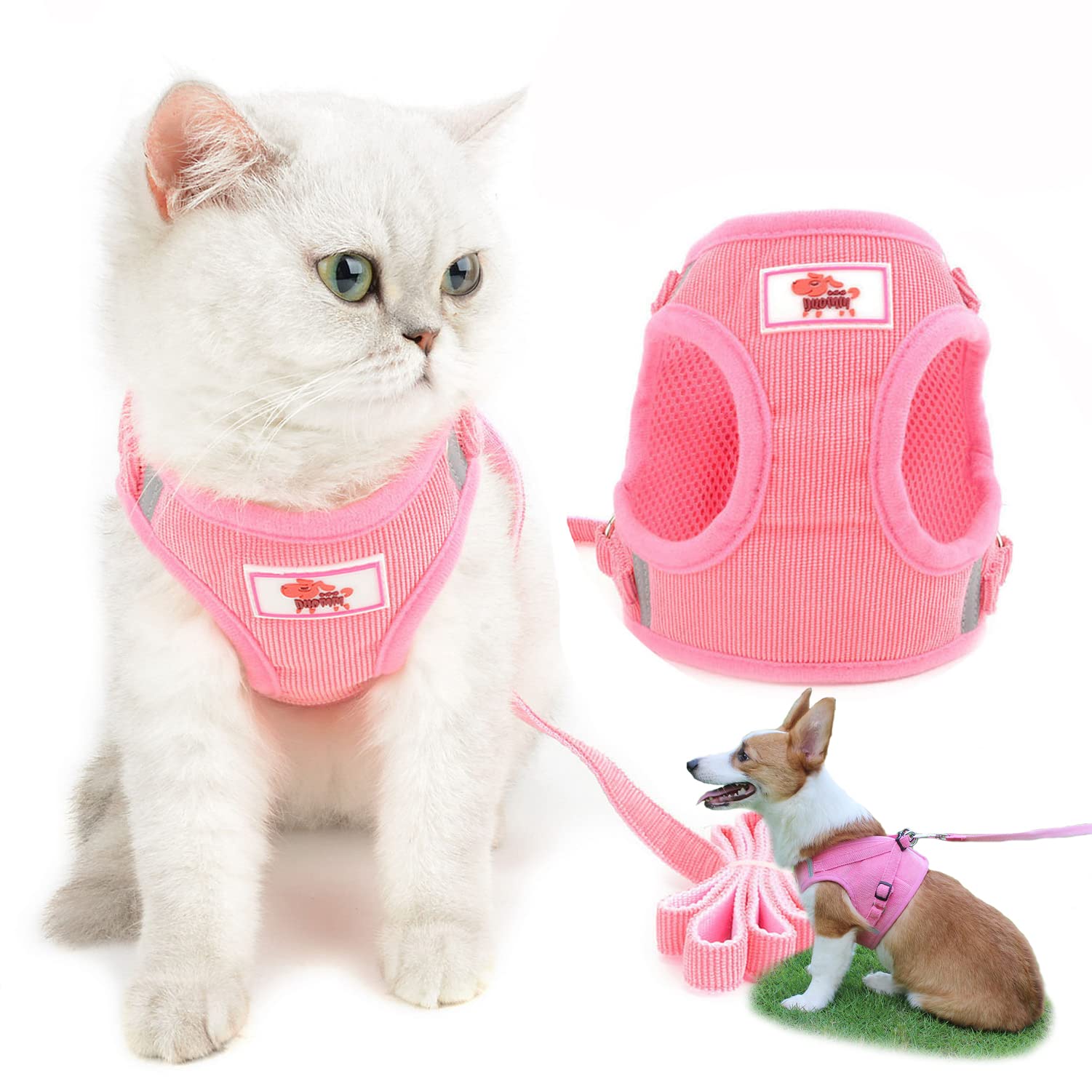 Zunea Pet Dog Cat Harness and Lead Set Escape Proof No Pull Adjustable Reflective Step-in Vest Harnesses for Walking Soft Mesh Padded Corduroy for Cats Kitten Puppy Small Dogs Pink M