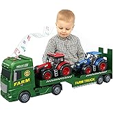 3-in-1 Farm Truck Toys for Kids Ages 3-6 - Inertia Semi Trailer with Tractor & Farm Vehicle, Light and Sound Play Set