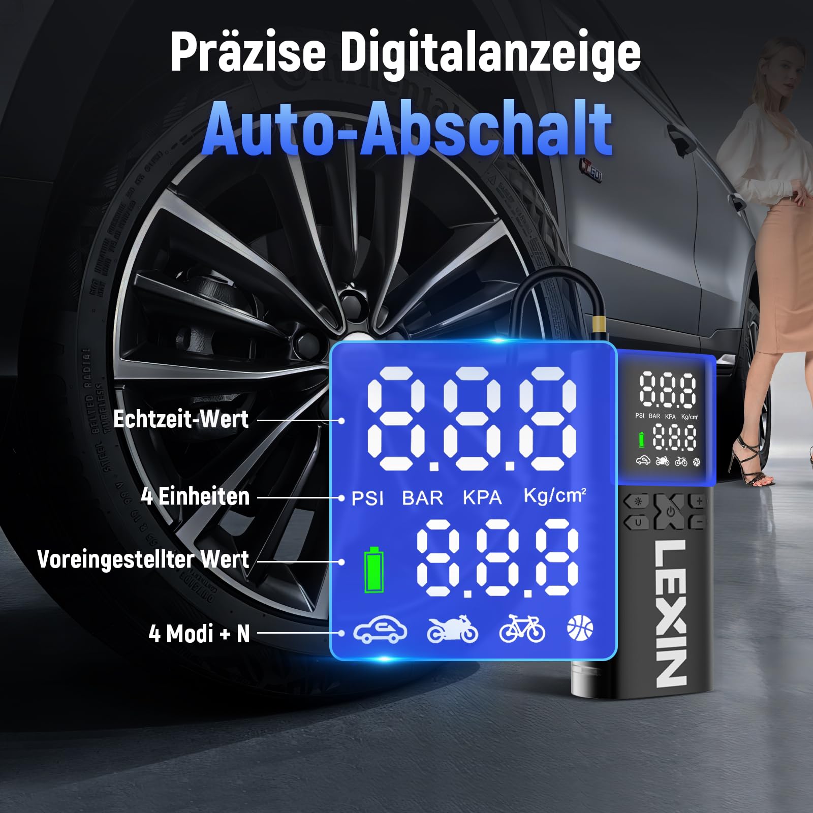 LEXIN P4 Elektrische Luftpumpe, Akku Kompressor 4000mAh, Tragbare Luftpumpe Fahrrad 150 PSI (10,3 Bar), Luftkompressor für Fahrrad Auto Motorrad Bälle, Mini Reifenpumpe mit LED-Anzeige, Notbeleuchtung 4