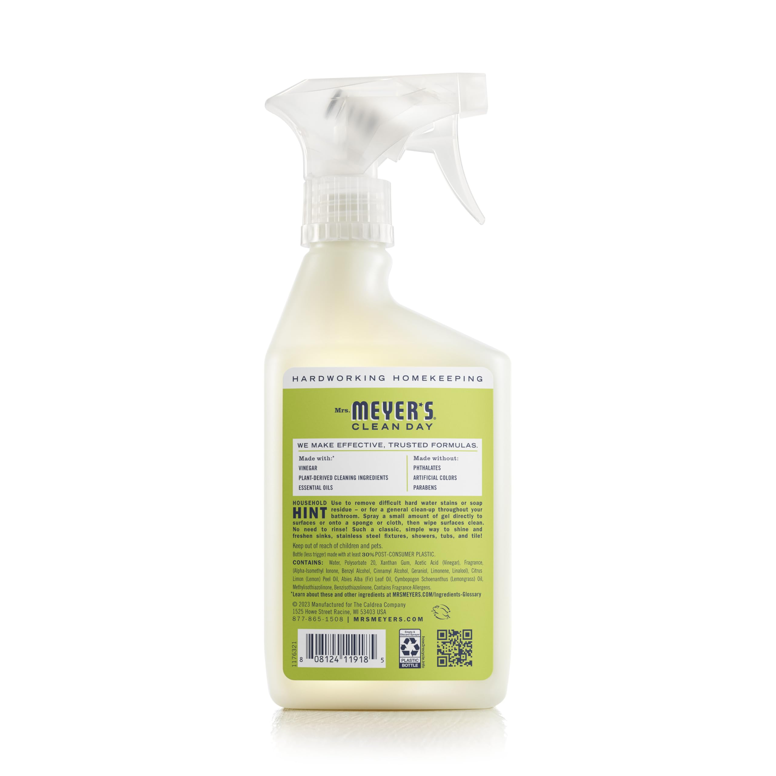 MRS. MEYER'S CLEAN DAY Vinegar Gel Cleaning Spray, Bathroom Use, No-Rinse Formula, Plant-Derived Cleaning Ingredients, Lemon Verbena, 16 Fl Oz, Pack of 1