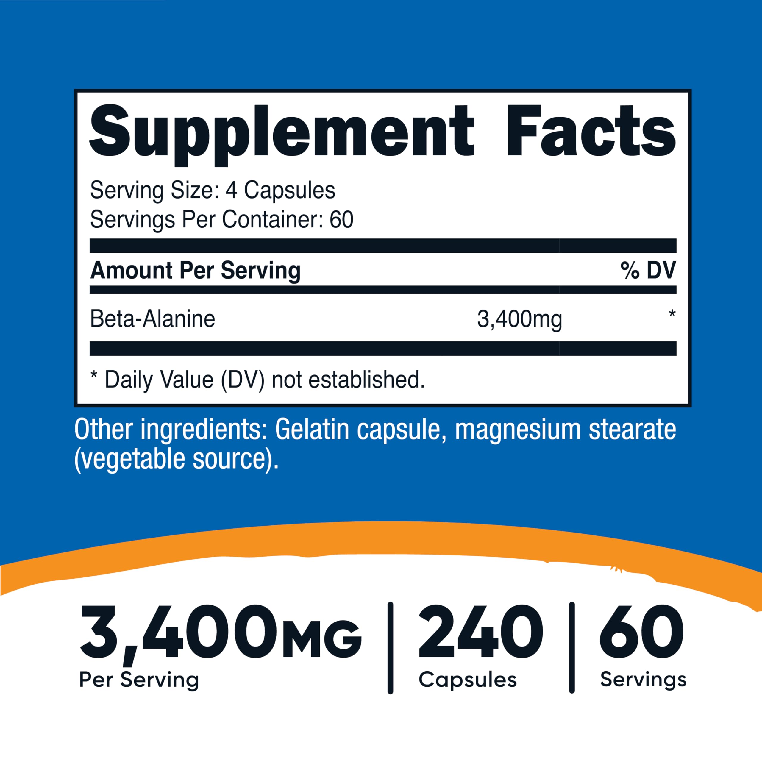 Nutricost Beta-Alanine Capsules 3400mg, 240 Capsules (60 Serv) - Potent Beta Alanine, Gluten Free & Non-GMO, 850mg Per Cap
