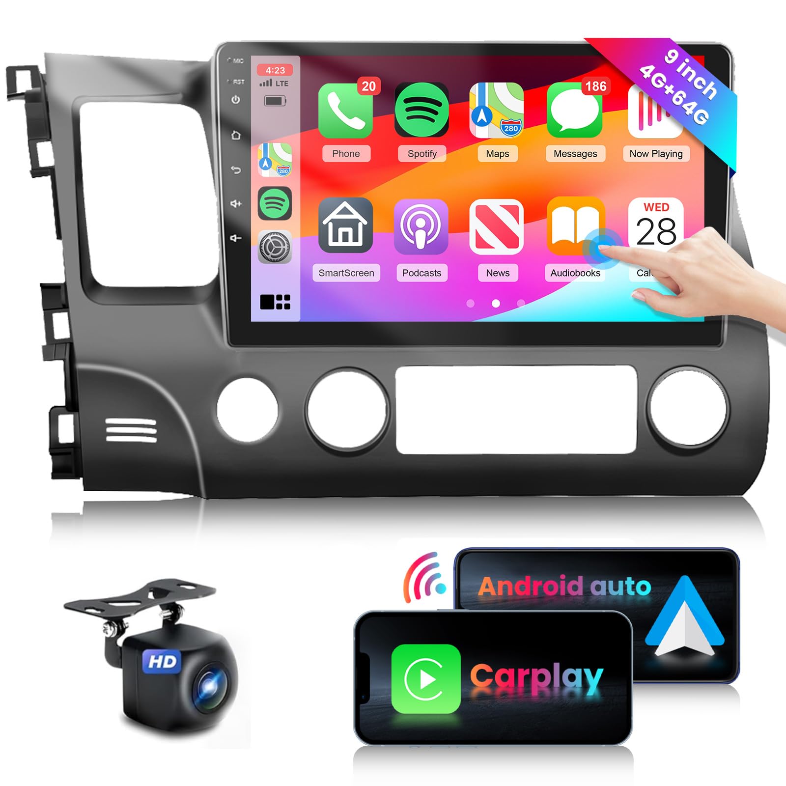 Photo 1 of 4G 64G Car Stereo for Honda Civic 2006-2011 Radio with 10.1inch 1280x720 IPS Touch Screen AI Radio DSP 36EQ Wireless Carplay Android Auto Bluetooth 5.0 GPS FM/RDS WiFi MirrorLink AHD Backup Camera