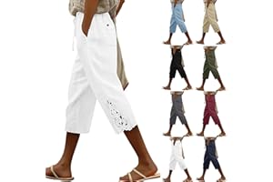 Linen Pants Women Lightweight Quick Dry Beach Capris Hollow Out Embroidery Side Summer Capri Vacation Crop Trousers