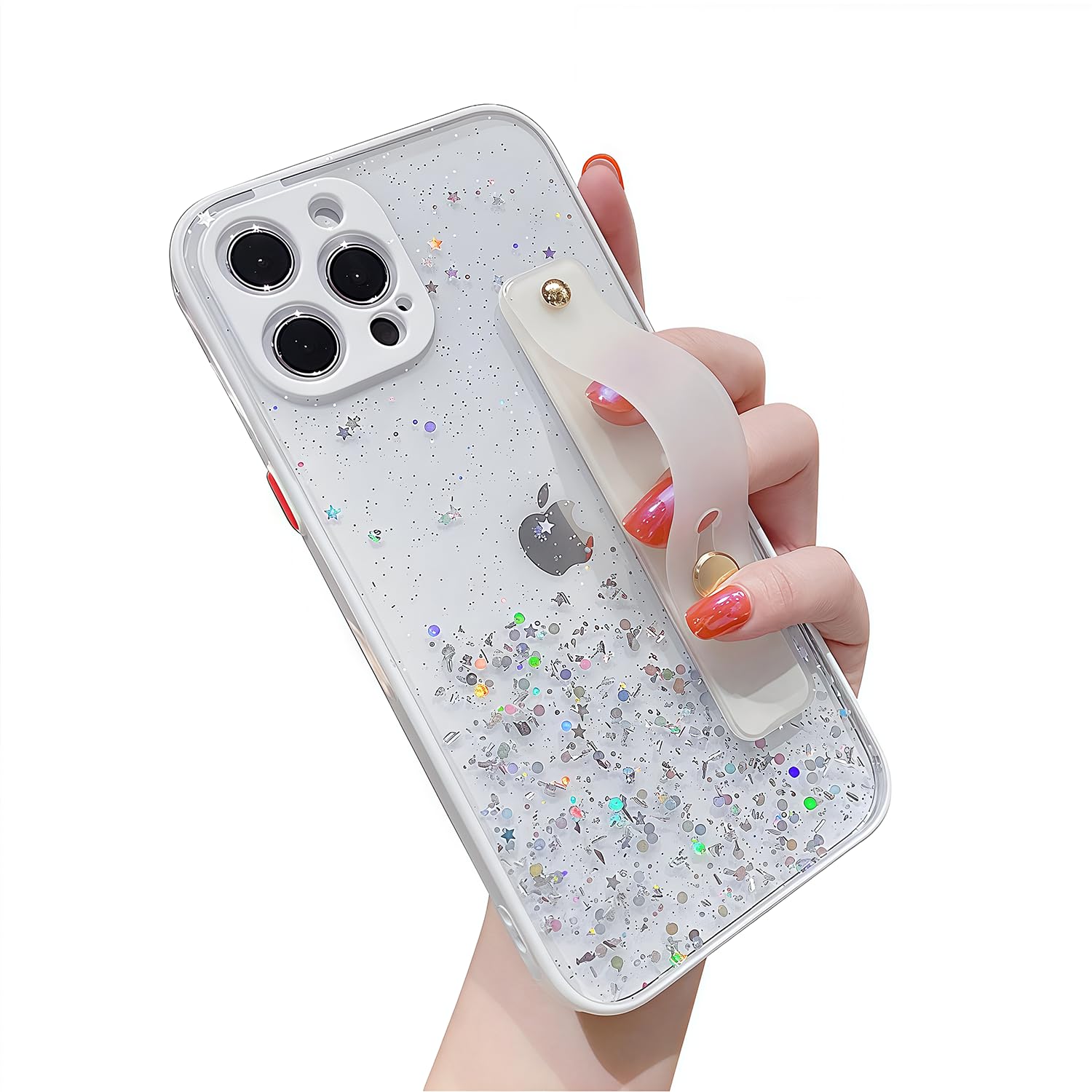 siduater Strap Holder Case for 6.1" iPhone 14 Pro with Wristband Kickstand, Bling Glitter Sparkle Clear Cover Soft TPU Bumper Adjustable Hand Grip Loop for iPhone 14 PRO 6.1 Inch, White