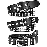AEXHOT Black Studded Belt Y2K Belt 3 PCS Cool Belts Gothic Punk Rock Belts with Grommet Threads Bright Metal Pyramid for Women Men