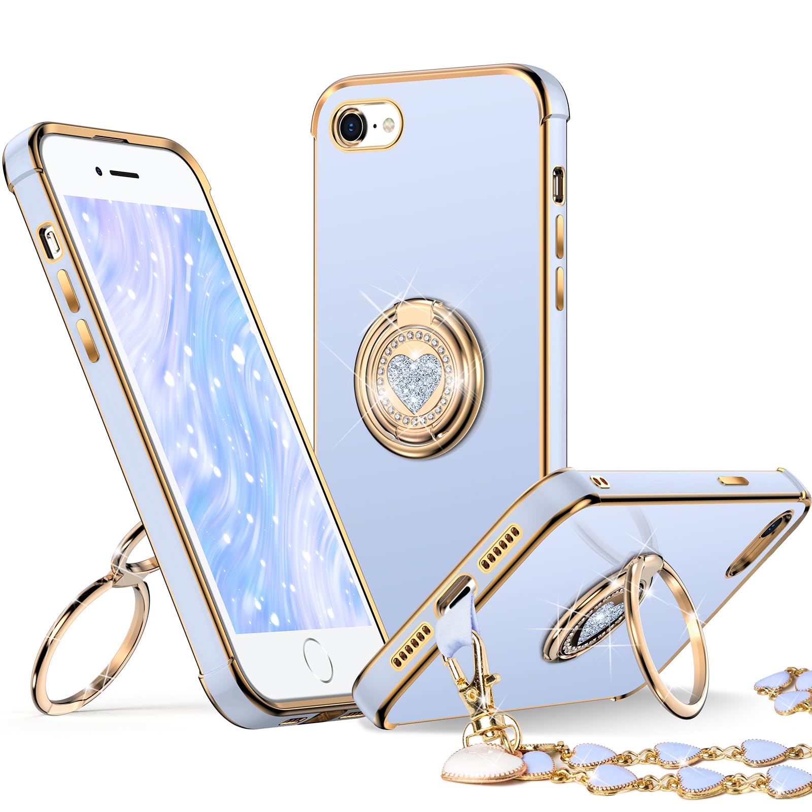 XYZ for iPhone SE 2022 [3rd Gen], SE 2020 [2nd Gen], iPhone 8 Case, iPhone 7 Phone Case with Double Ring Kickstand, Women Girl Cute Love-Heart Luxury Bling Protective Case for iPhone 7/8/SE, Blue