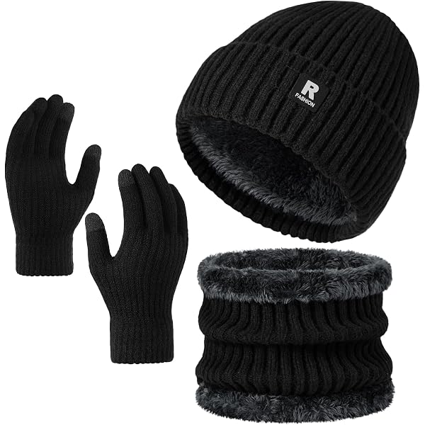 SATINIOR 6-Piece Winter Set – 3 Warm Fleece Beanies & 3 Pairs Touchscreen Thermal Gloves – Black