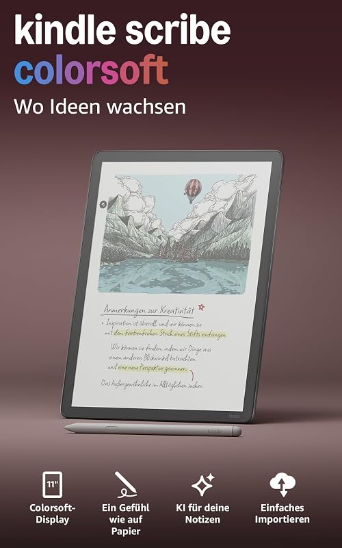 Kindle Scribe Colorsoft 32 GB (neueste Generation) – 11-Zoll-Farbdisplay mit Frontlicht – Dünn, leicht, leistungsstark – Dokumente, Bücher und integriertes Notizbuch – Graphit