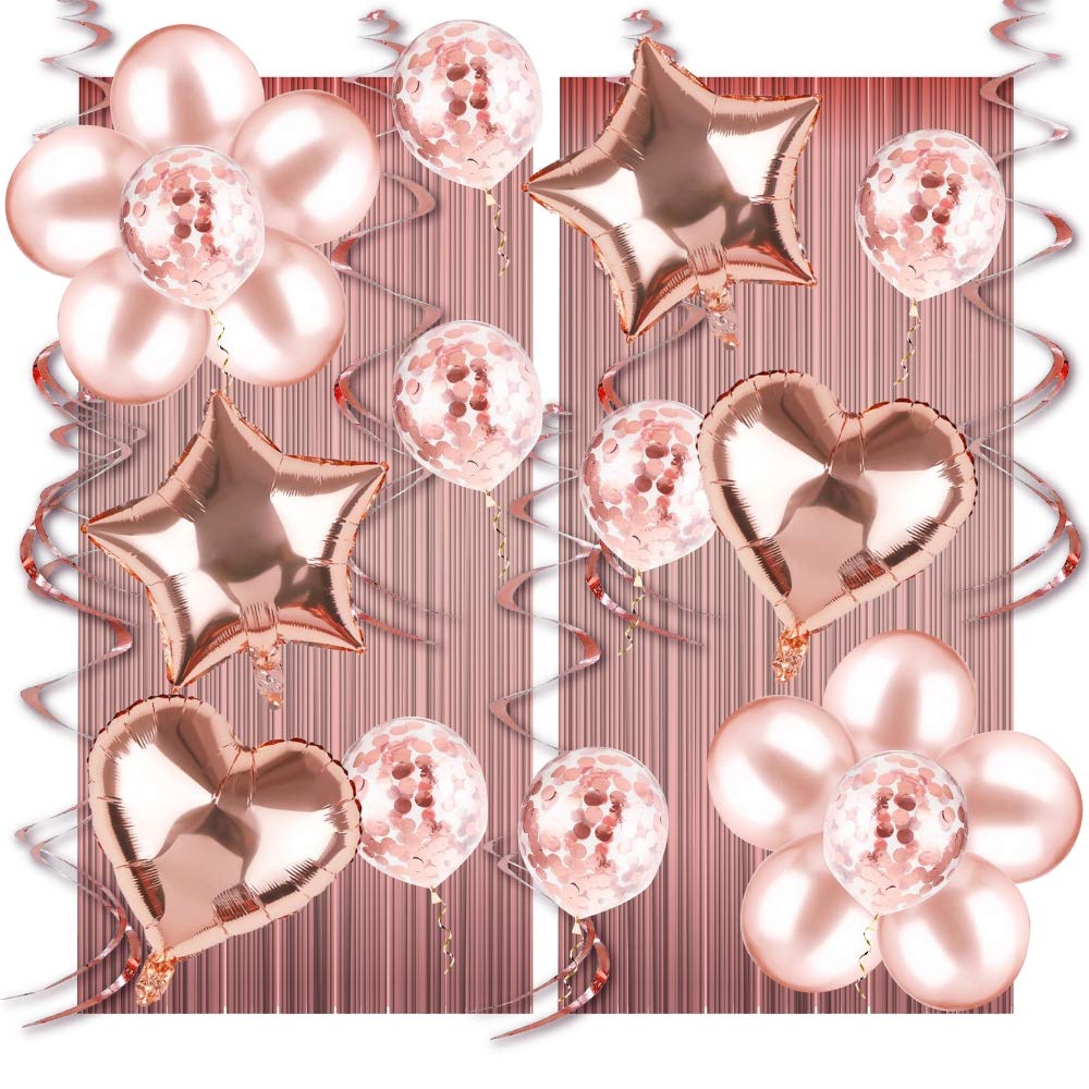 Rose Gold Party Decorations - Rose Gold Birthday Decorations Set: Rose Gold Confetti Balloons, Tinsel Foil Fringe Curtains, Rose Gold Heart and Star Shaped 18\