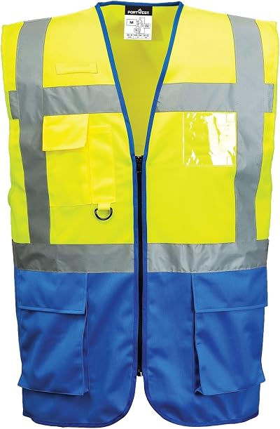 Portwest C476 Warsaw Executive Hi Vis Vest with Pockets Mens Yellow/Royal Blue L