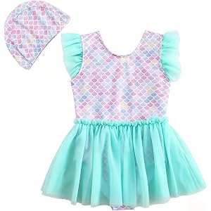 TJTJXRXR Girls' One-Piece Tutu Swimsuit - Quick Dry Bathing Suit & Sun Hat for Little Girls Age 2-8 Years