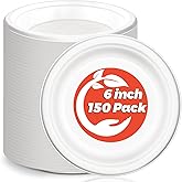 GGOLDMER 150 Pack 6 Inch Disposable Compostable Paper Plates, White Bagasse Biodegradable Dessert Plates Disposable, Small Appetizer Cake Dessert Plate for Snacks, Desserts, Party