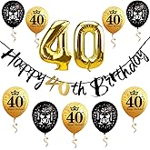 Zirtorei 11Pcs 40th Birthday Decorations Kit for Men Women, Black Gold Happy 40th Birthday Pre-strung Banner 40 Foil Balloons, Forty Year Old Bday Party Supplies Photo Props