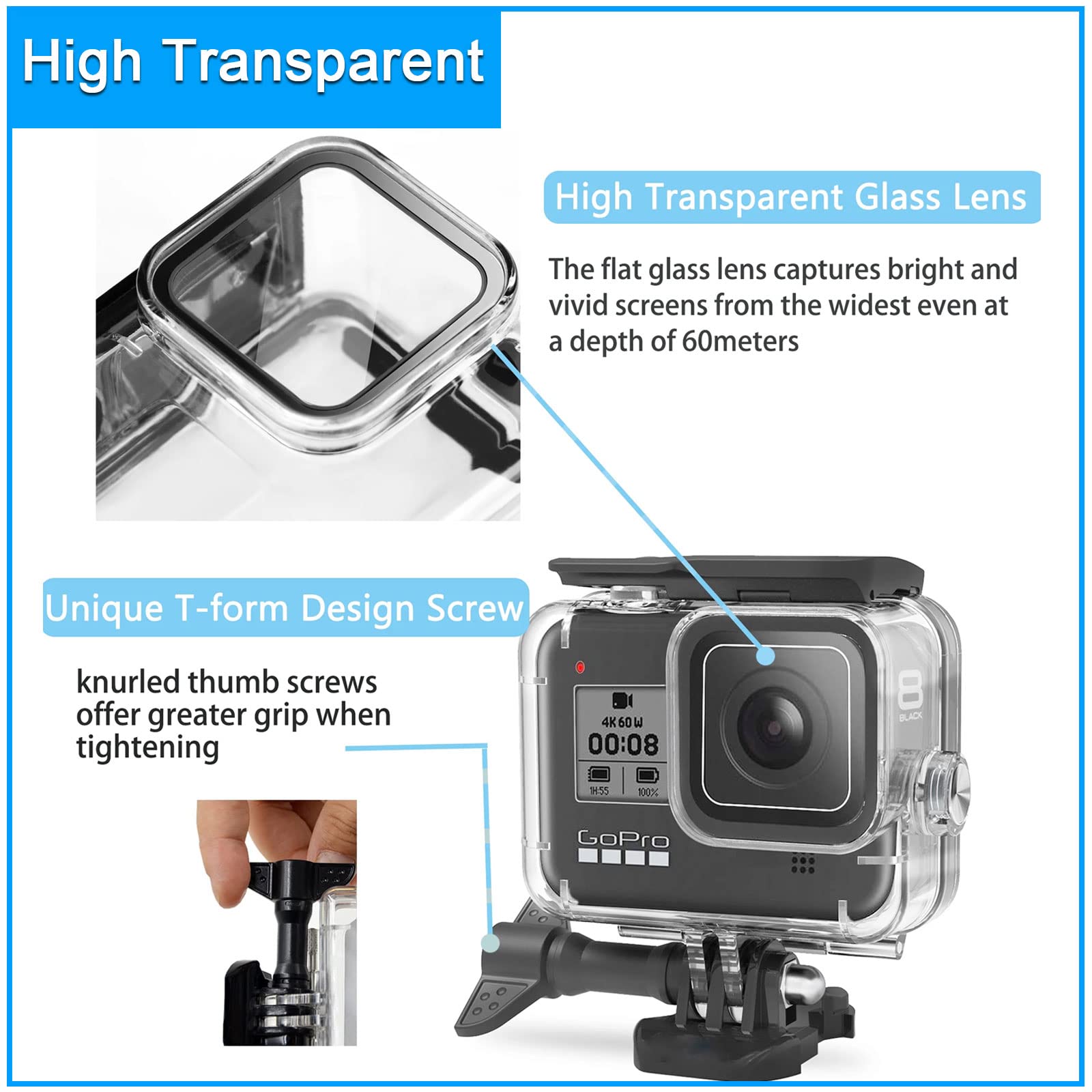 for Gopro Hero 8 Black Accessories Waterproof Protection Housing Case Diving 60M Protective for Gopro Hero 8 Sports Camera, IP68