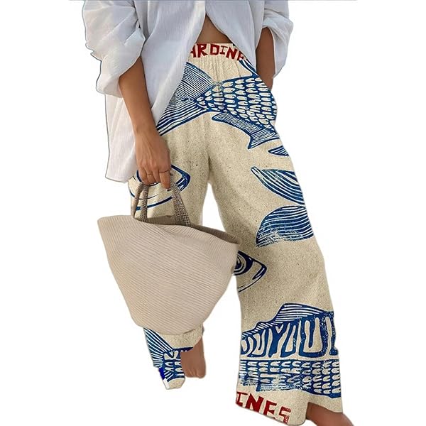 TIAFORD Womens Sardine Beach Pants Boho Funny Fish Graphic Printed