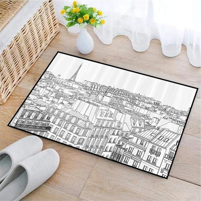 Bath Mat Nonslip Bath Rug,Paris,Architecture Theme Design Illustration of Roofs in Paris and