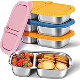 BIEOFFEI 4 Pack Stainless Steel Snack Containers with Silicone Lids, Reusable Stainless Steel Food Containers Snack Box, 2 Compartment Meal Prep Containers for Lunch, Leakproof, Dishwasher Safe