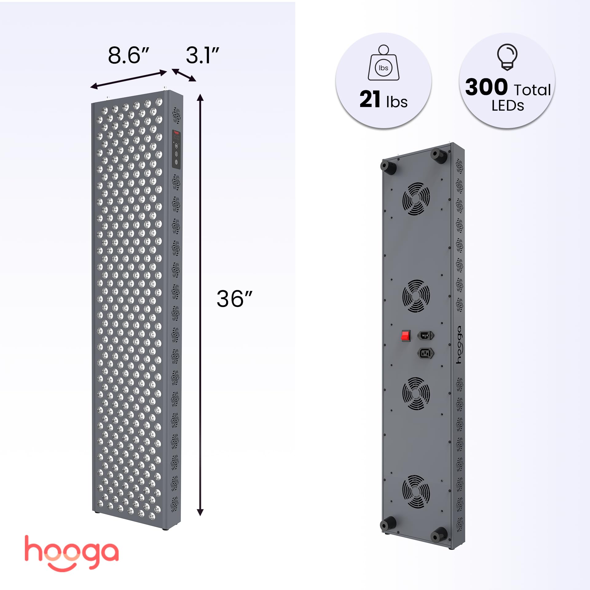 Hooga Red Light Therapy Panel, Full Body, 300 Red Near Infrared Dual Chip LEDs, Built in Timer, Clinical Grade, Flicker Free Device for Energy, Pain, Skin, Recovery, Performance. PRO1500