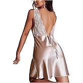 WDIRARA Women's Satin Lace Slip Dress Lingerie Backless Chemise Nightgowns Draped Neck Nightdress