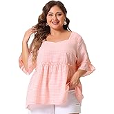 Agnes Orinda Women Plus Size Gingham Tops Sweetheart Neck Ruffle Sleeve Babydolls Blouses Plaid Summer Tops