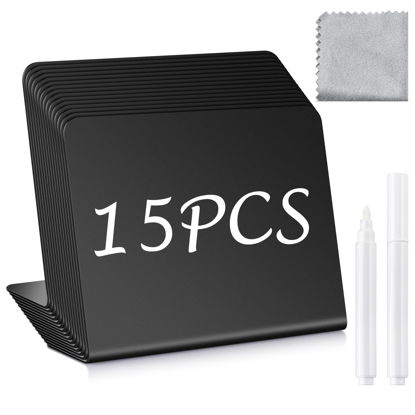 Photo 1 of 15 Pcs Mini Chalkboard Signs 4"x3" for Food Labels, Wedding and Bakery - Small Blackboard With 2 Liquid Chalk Markers and 1 Cleaning Cloth