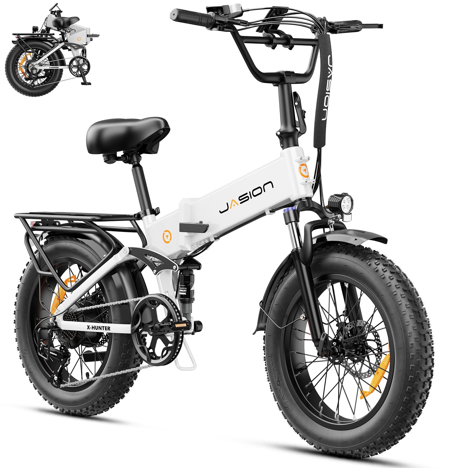 Jasion X-Hunter Electric Bike for Adults,1400W Peak Motor 70+ Miles 30MPH Foldable Ebike,624WH Removable Battery,20’’*4 Fat Tire Full Suspension Bicycle for Commute,Snow,Mountain with 7-Speed