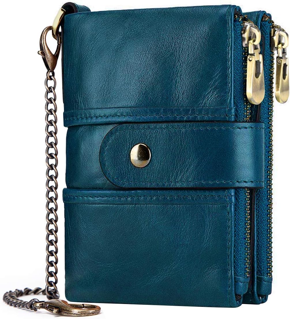 Womens Purse Wallet RFID Blocking Real Leather Ladies Purses with Chain Multi Compartment Purses for Women with Double Zip, Small Bifold Ladies Wallets with Coin Pocket 16 Card Holder (Blue)