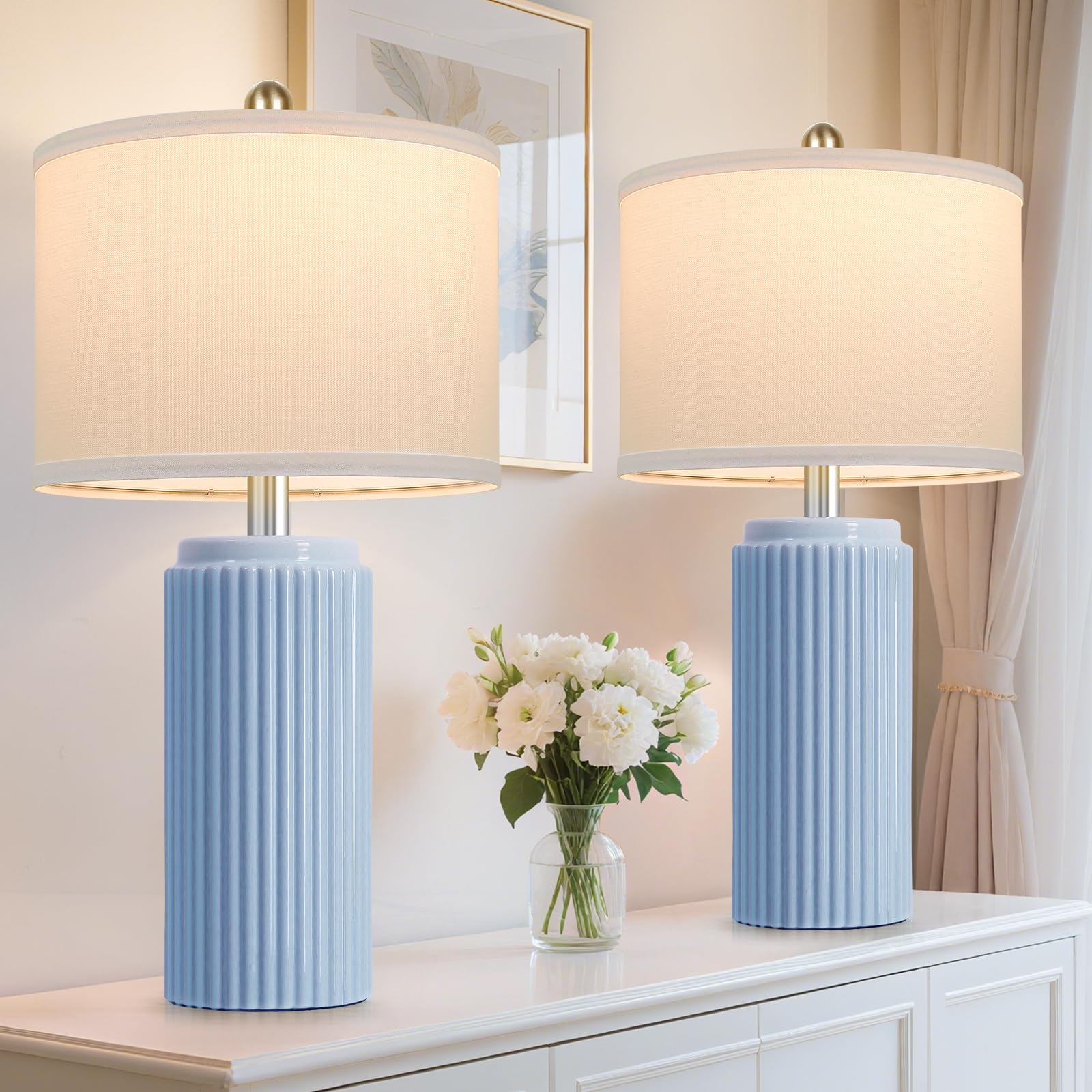 Photo 1 of 23.5’’ Sky Blue Farmhouse Table Lamps for Living Room Set of 2, Modern Elegant Ceramic Bedside Nightstand Lamps with White Linen Shade for Bedroom, Coastal Lamps Set for Study Home Office