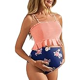 Summer Mae Maternity High Waist Swimsuit Ruffle Hem Bikini Bathing Suit Shirred Bandeau Two Piece Pregnancy Swimwear