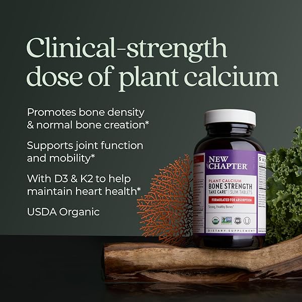 NEW CHAPTER CALCIUM SUPPLEMENT – BONE STRENGTH ORGANIC CALCIUM WITH MAGNESIUM, VITAMIN D3+K2, 70+ TRACE MINERALS FOR BONE HEALTH, GLUTEN FREE, EASY TO SWALLOW SLIM TABLETS – 180 COUNT