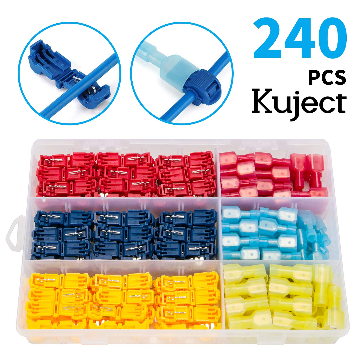 Kuject 240Pcs T Tap Wire Connectors, 24-10 AWG Quick Splice Electric Wire Terminals, Self-Stripping Insulated Male Quick Disconnect Spade Terminals Assortment Kit with Case