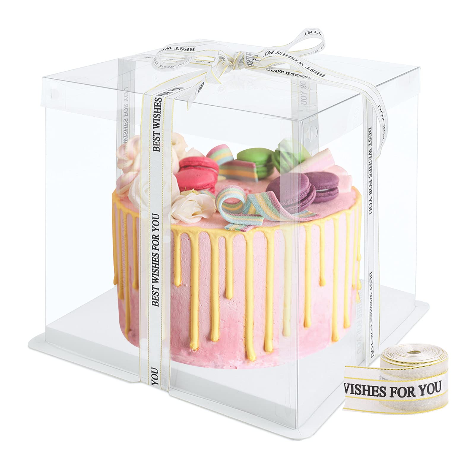 Hileyu Transparent Cake Box With Lids - Double Layer Plastic Gift Cube With Ribbon Base - 8 Inch Bakery Packaging for Desserts