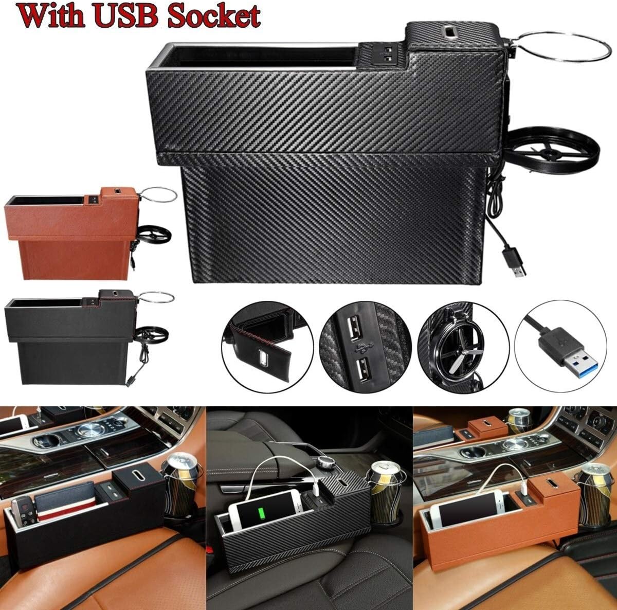 Moda Derecho del asiento del lado del coche Caja de almacenamiento USB