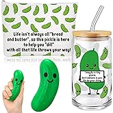 Sliner 3 Pcs Pickle Gifts for Employee Teacher Coworker Staff Positive Support Dill Pickle Appreciation Gifts 16 oz Glass Tumbler Makeup Bag Stress Employee Appreciation Day Gift for Nurse Volunteer