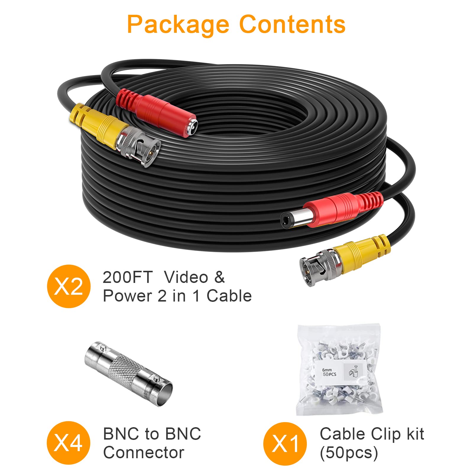 BNC Cable,2x200ft All-in-One Siamese Video and Power Security Camera Cable Wire, BNC Extension Cable with 2 Female Connectors for All Max 5MP HD CCTV DVR Surveillance System (200ft 2PCS,Black)