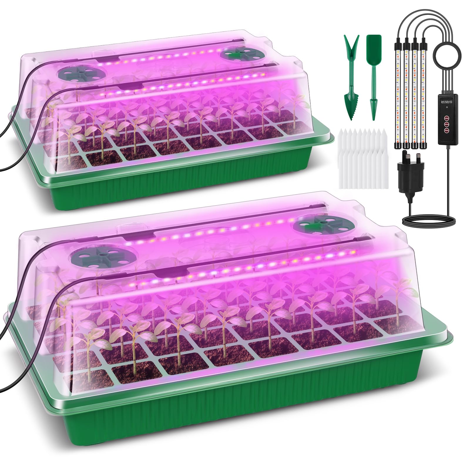 Verdenu Seed Trays with Grow Light, 2 Pack 80 Cells Propagators for Plants with Heightened Lids, Adjustable Brightness Propagator with Smart Timer, 3 Modes, 4 Timing, Seed Starter Tray for Seedlings