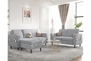 Mjkone 3 Pieces Sectional L Shaped Sofa Couches Set for Living Room Furniture Sets, 3-Seater 78" Width Small Couch Sofas and Loveseat with Storage Ottoman and Side Pockets for Home Office, Light Gray