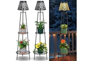 VISFLAIR 45.4'' Metal Solar Floor Lamps Outdoor with 2 Plant Stand, 2 Pack Black Waterproof Solar Lantern Lights for Patio Deck Yard Garden Porch Decor